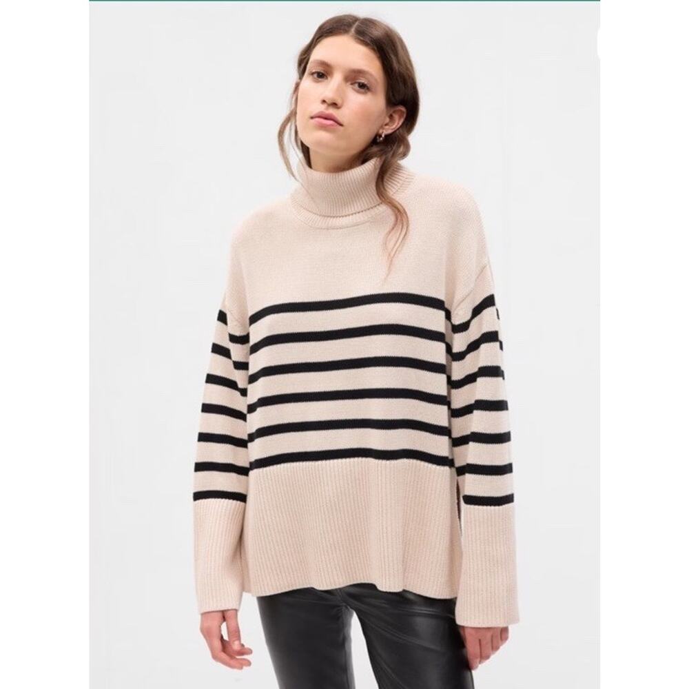 GAP 24/7 Split Hem Turtleneck Sweater Ivory Stripe Size XXL